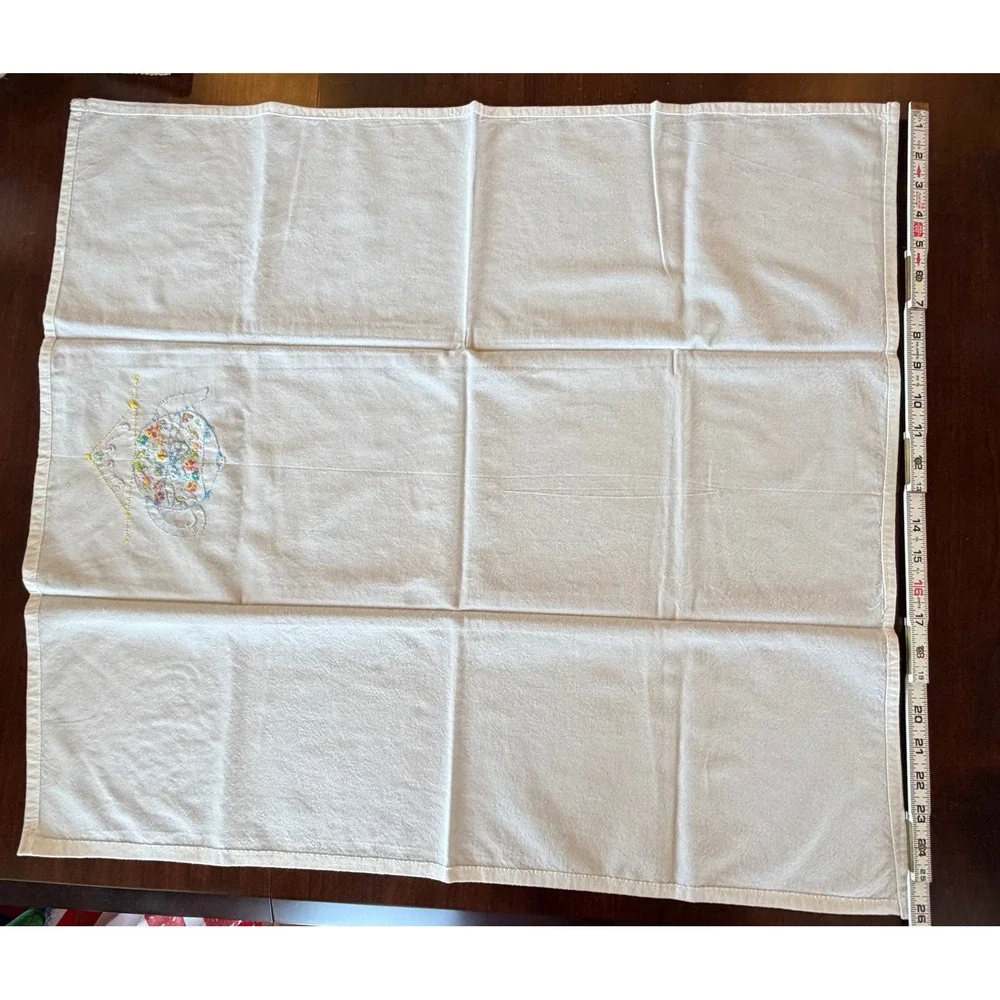 Vintage Hand Embroidered Teapot Floral White Cotton Tea Towel Cottagecore